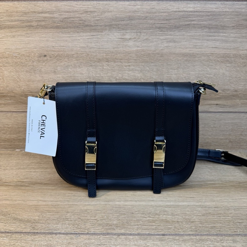 Cheval Firenze Crossbody Flap Satchel Bag Italian Genuine Leather Black NEW